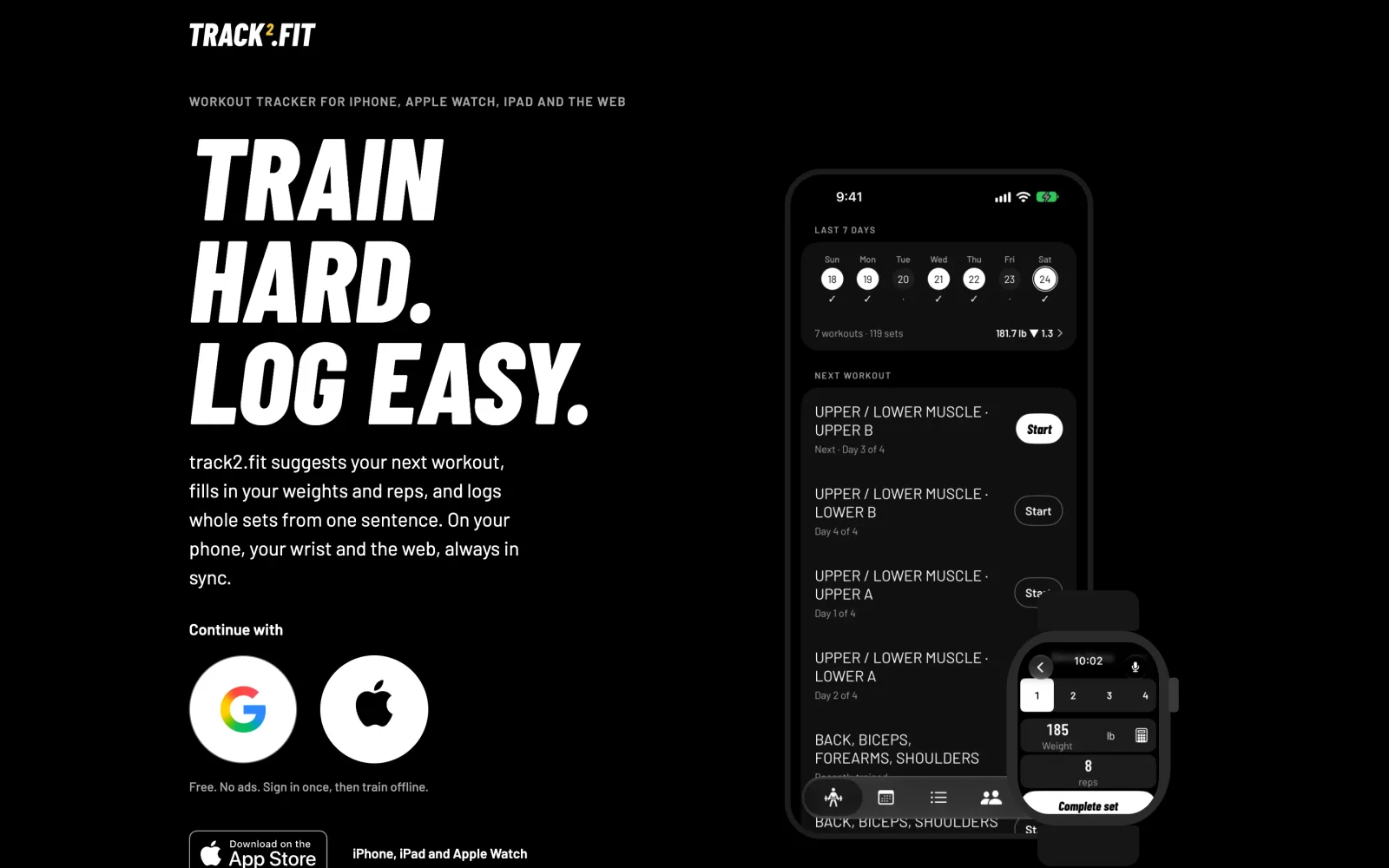 O site do track2.fit: Train hard. Log easy.
